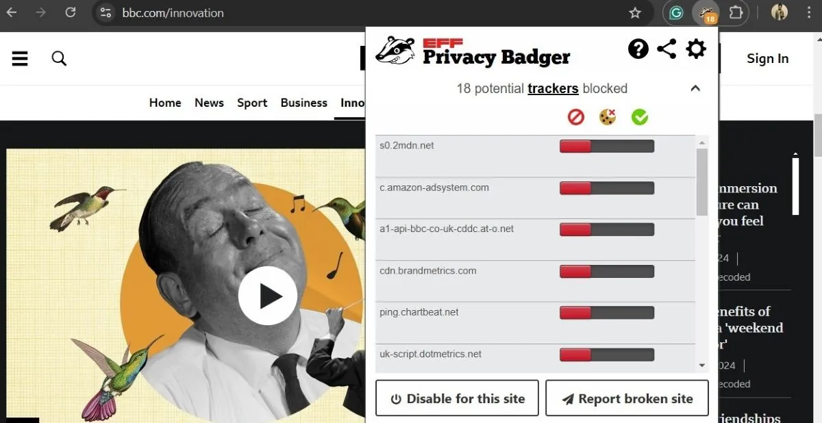 Trang web BBC hiển thị với tiện ích Privacy Badger đang hoạt động trên Chrome
