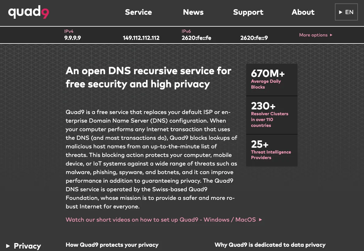 Trang web chính thức của Quad9 DNS resolver, nhấn mạnh dịch vụ DNS riêng tư và có khả năng chặn mối đe dọa.