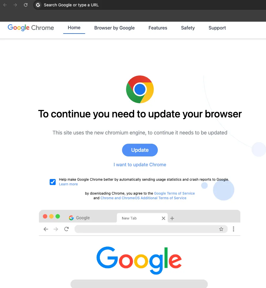 Trang web giả mạo cập nhật Google Chrome hiển thị thông báo yêu cầu người dùng tải xuống phiên bản mới để xem nội dung trang.