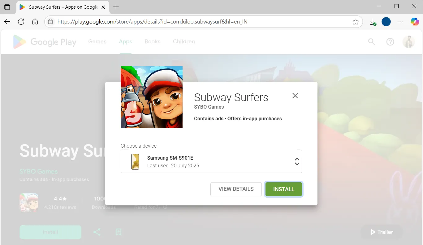 Trang web Google Play Store trên máy tính, hiển thị tùy chọn cài đặt trò chơi từ xa lên điện thoại