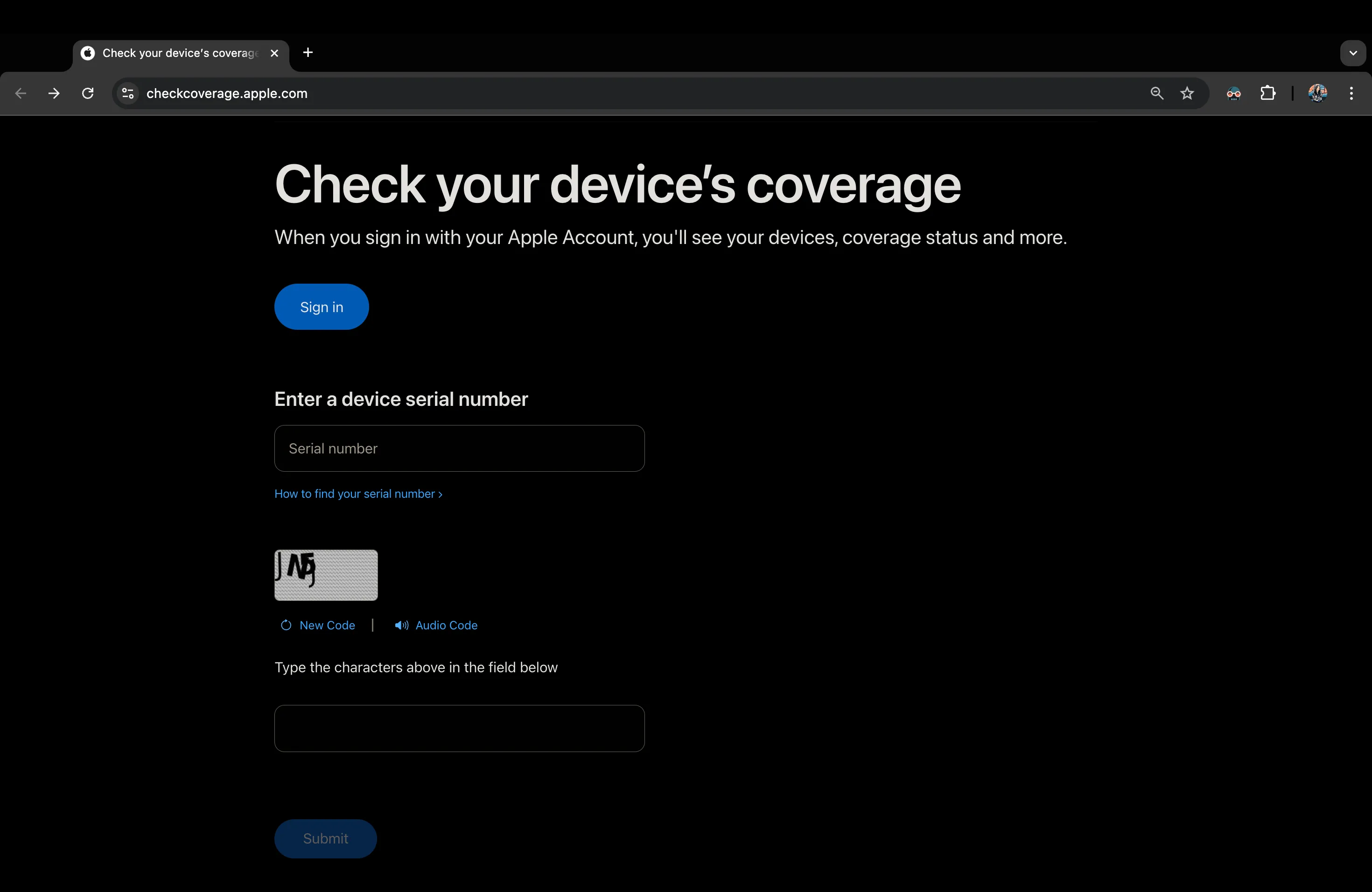 Trang web kiểm tra thông tin bảo hành và hỗ trợ của Apple, nơi người dùng nhập số serial để xác định thiết bị