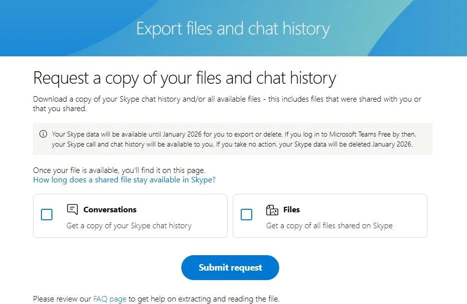 Trang xuất dữ liệu lịch sử Skype với tùy chọn xuất cuộc trò chuyện và tệp tin