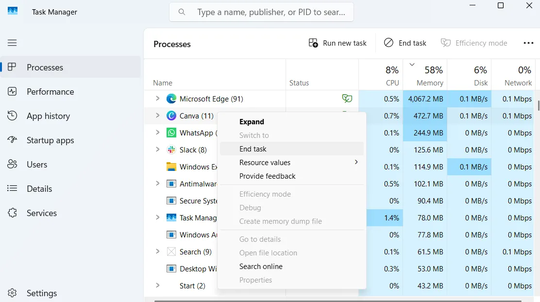 Trình quản lý tác vụ Windows hiển thị tùy chọn &quot;Kết thúc tác vụ&quot; cho ứng dụng Canva không phản hồi