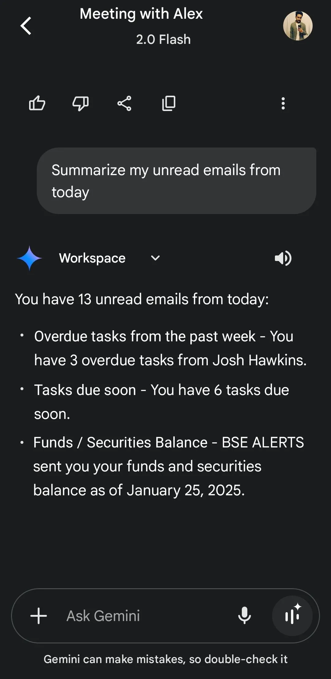 Trợ lý Gemini tóm tắt các email chưa đọc từ ứng dụng Gmail, thể hiện khả năng tích hợp sâu.