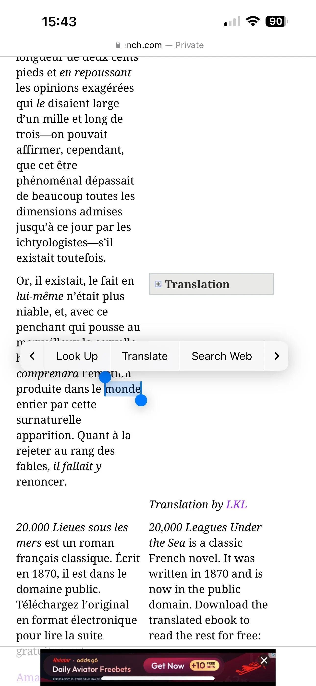 Truy cập tính năng Look Up từ menu ngữ cảnh sau khi chọn một từ trên iPhone để tra cứu nghĩa.