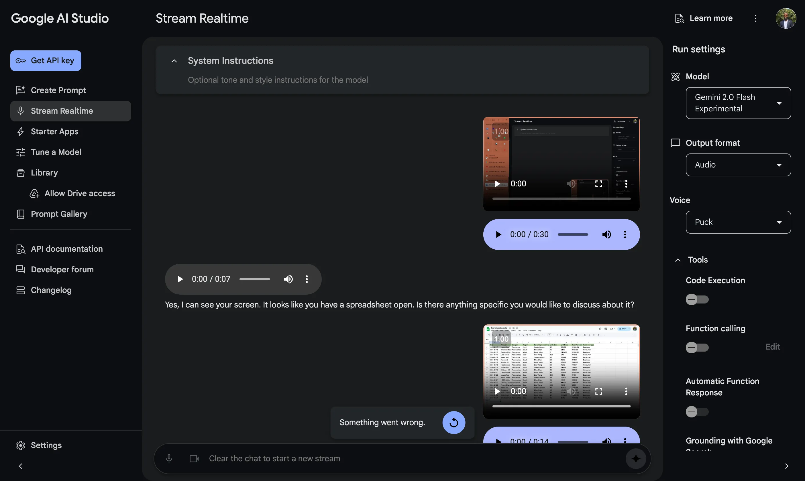 Tương tác trực tiếp với Gemini thông qua tính năng Stream Realtime trong Google AI Studio, hiển thị hướng dẫn trên Google Sheets