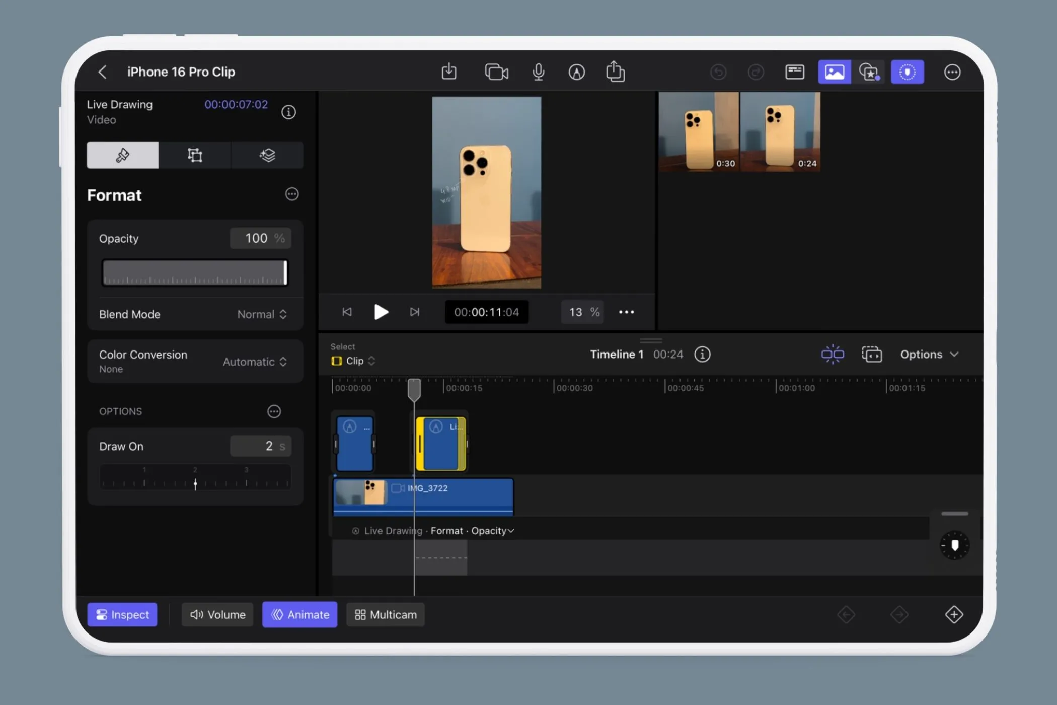 Tùy chỉnh Opacity, Blend Mode và Draw On cho Live Drawing trên Final Cut Pro iPad