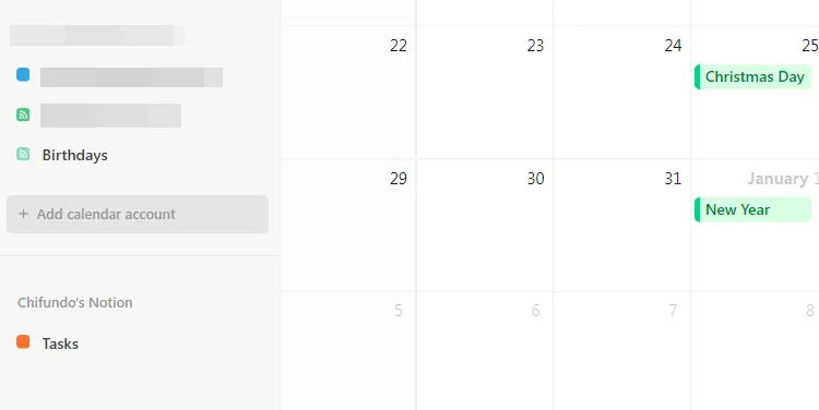Tùy chọn &quot;Add calendar account&quot; trong phần cài đặt của Notion Calendar để thêm tài khoản lịch.