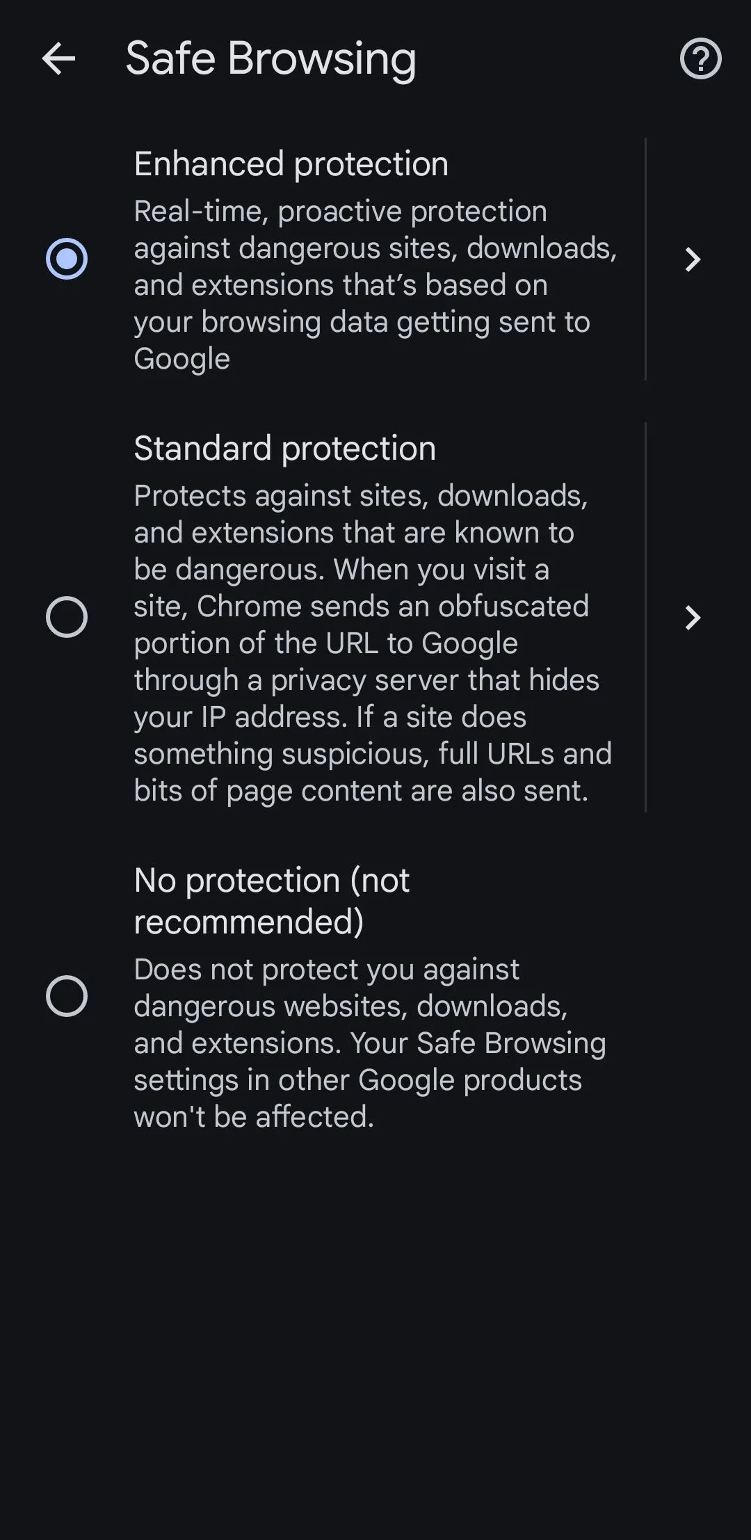 Tùy chọn Bảo vệ nâng cao trong cài đặt Chrome trên Android