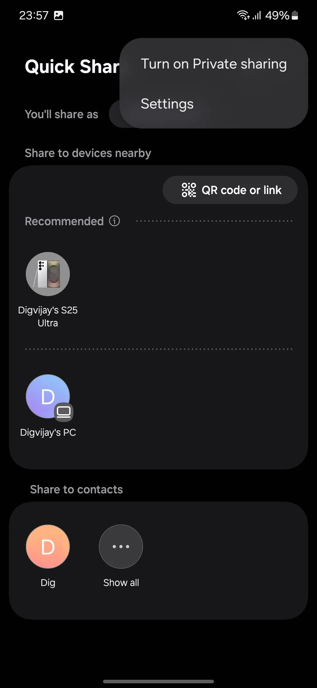 Tùy chọn &quot;Bật chia sẻ riêng tư&quot; trong menu Quick Share của Samsung Galaxy