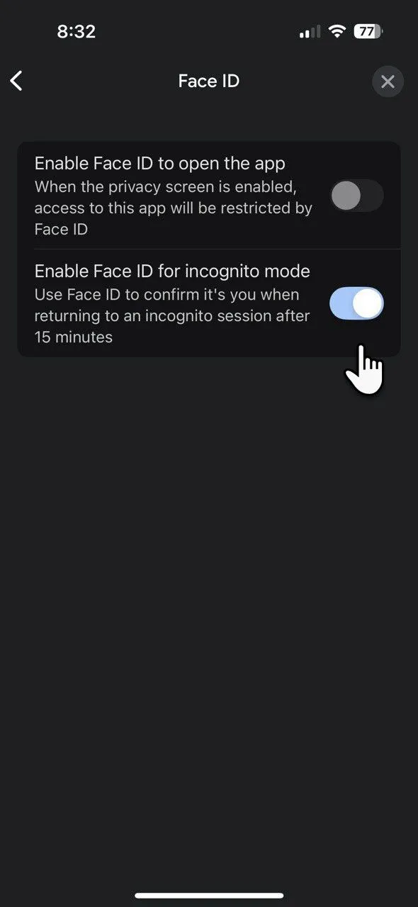 Tùy chọn bật Face ID để bảo mật ứng dụng Google trên iPhone, bao gồm chế độ ẩn danh và khóa toàn bộ ứng dụng.