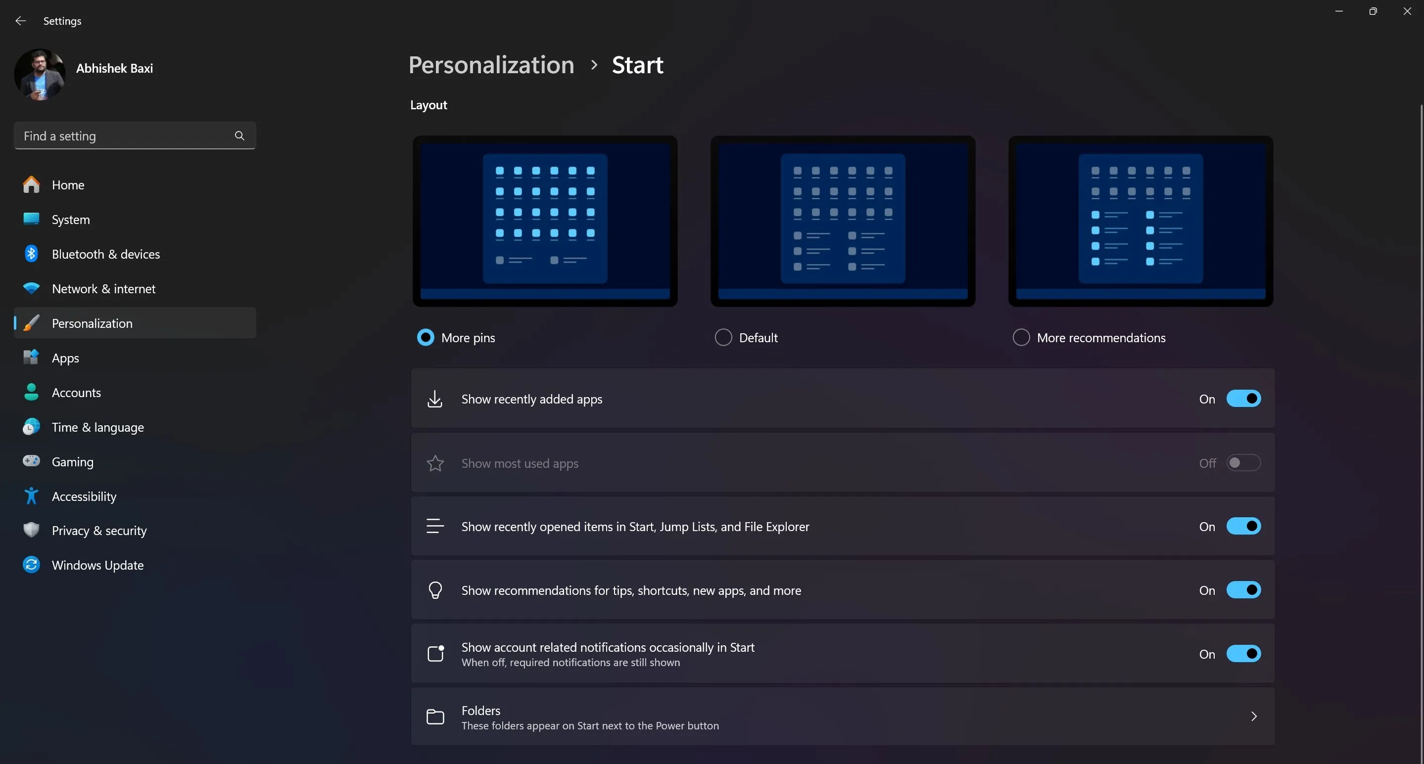Tùy chọn bố cục menu Start trên Windows 11