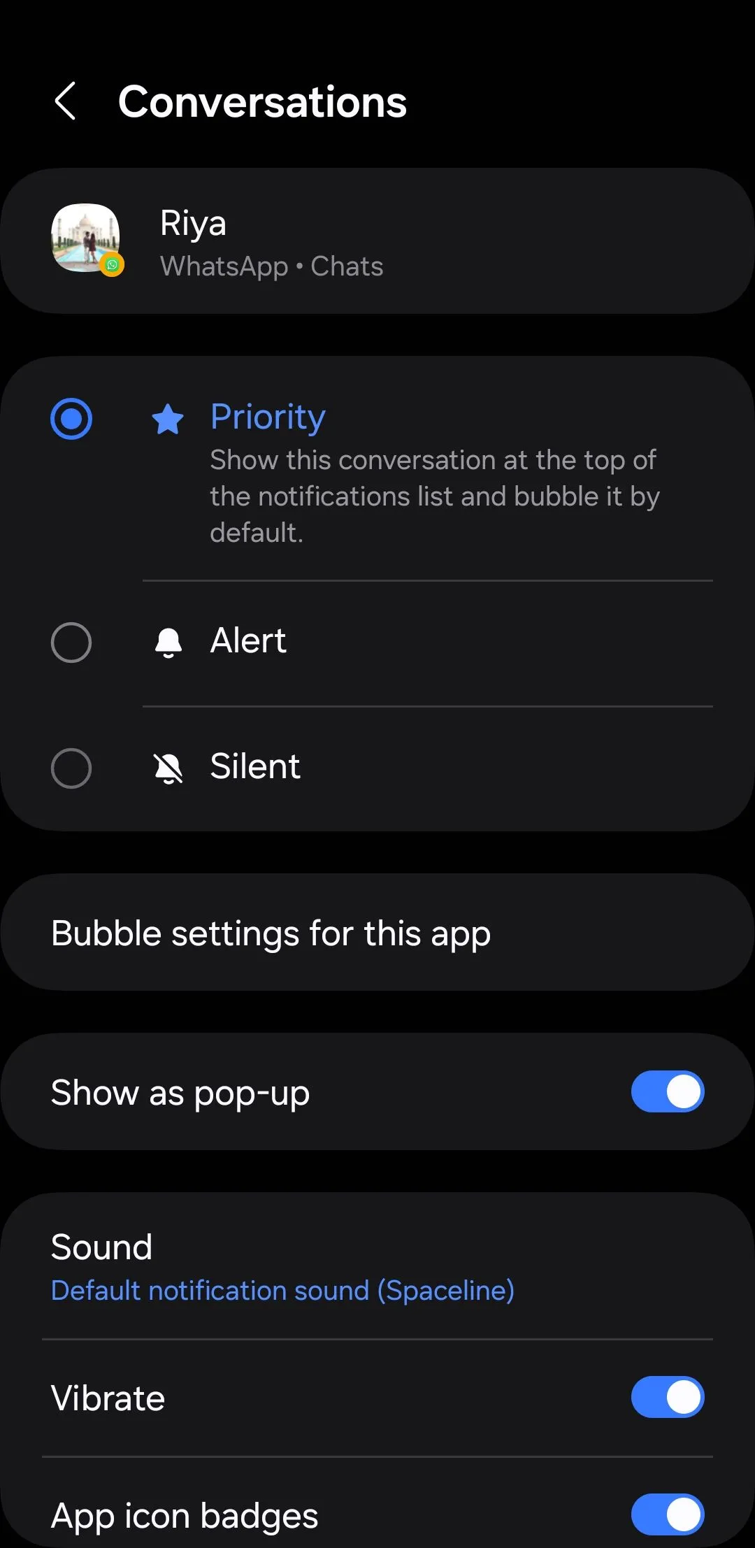 Tùy chọn cài đặt ưu tiên hội thoại cho một liên hệ cụ thể trên Android, giúp thông báo từ người này luôn hiển thị nổi bật.