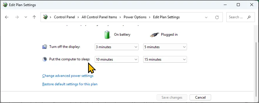 Tùy chọn "Change advanced power settings" trong cửa sổ "Power Options" trên Windows 11.