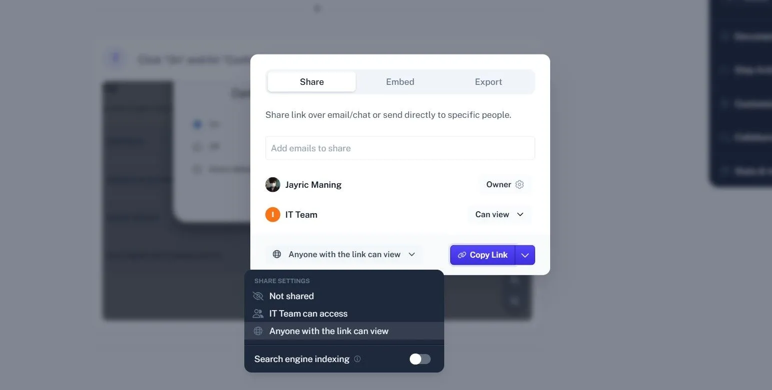 Tùy chọn chia sẻ hướng dẫn tạo bằng Scribe AI thông qua liên kết, email hoặc nhúng vào website