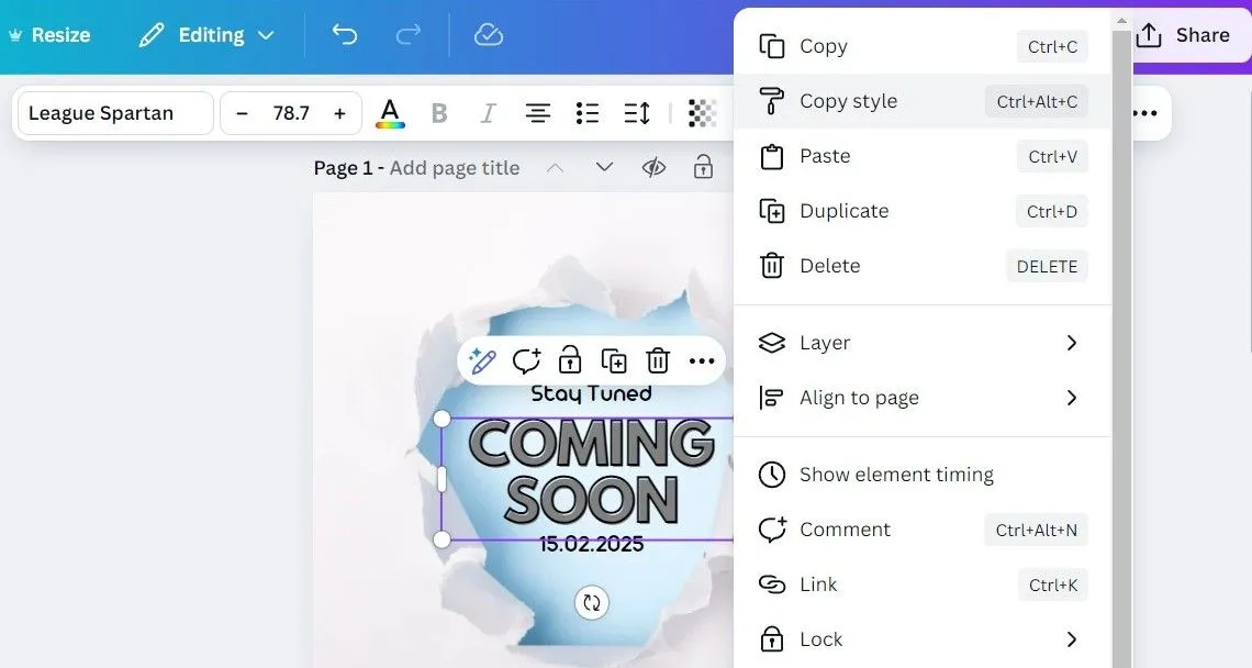 Tùy chọn Copy Style trong Canva giúp sao chép nhanh định dạng của văn bản hoặc các thành phần thiết kế, tiết kiệm thời gian chỉnh sửa