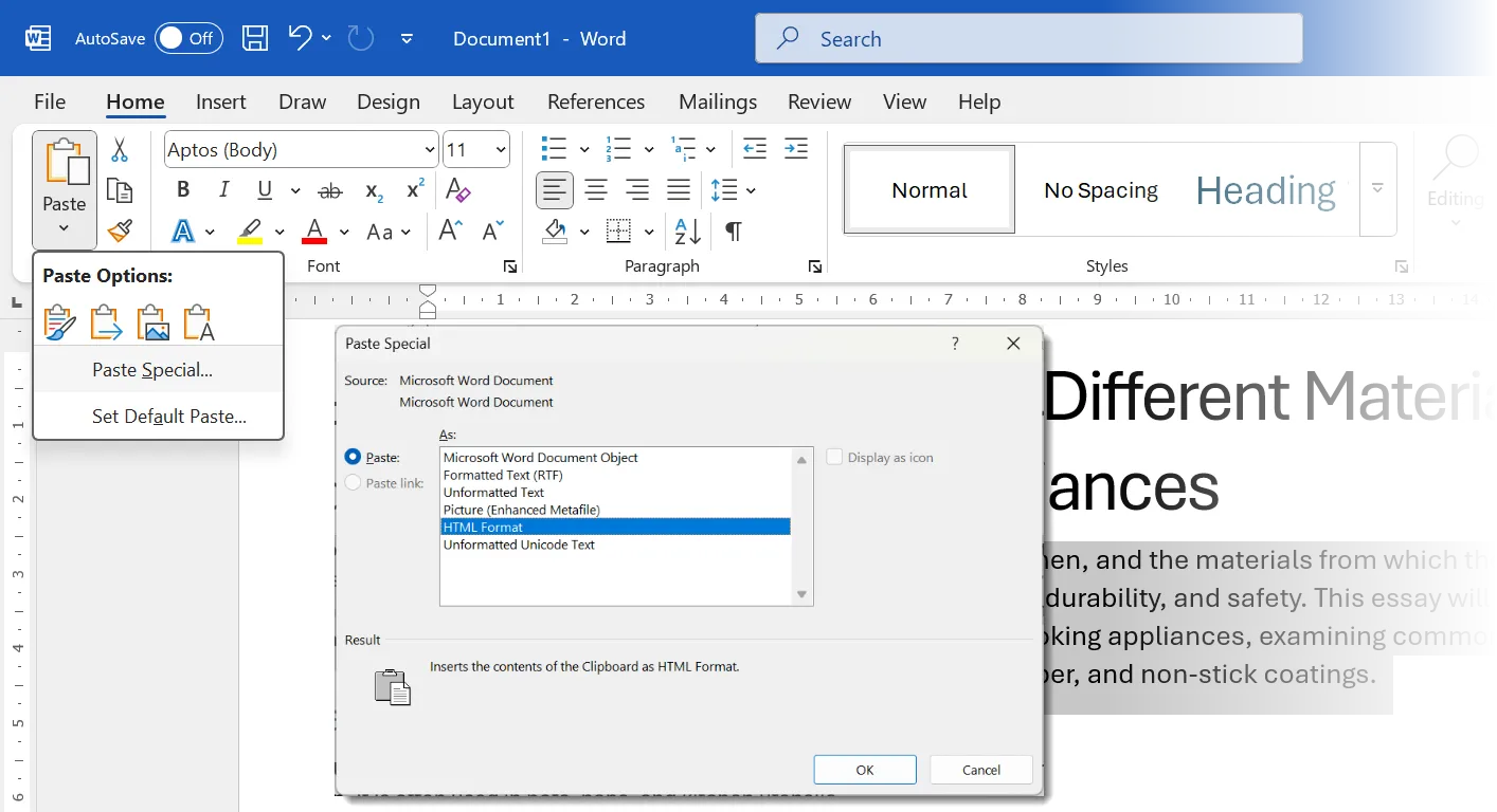 Tùy chọn dán trong Microsoft Word với mục Paste Special
