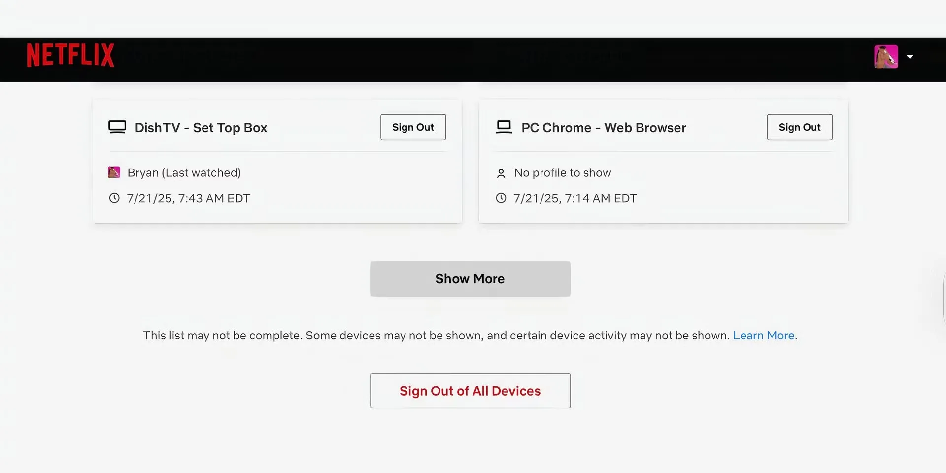 Tùy chọn &quot;Đăng xuất khỏi tất cả thiết bị&quot; trong cài đặt tài khoản Netflix