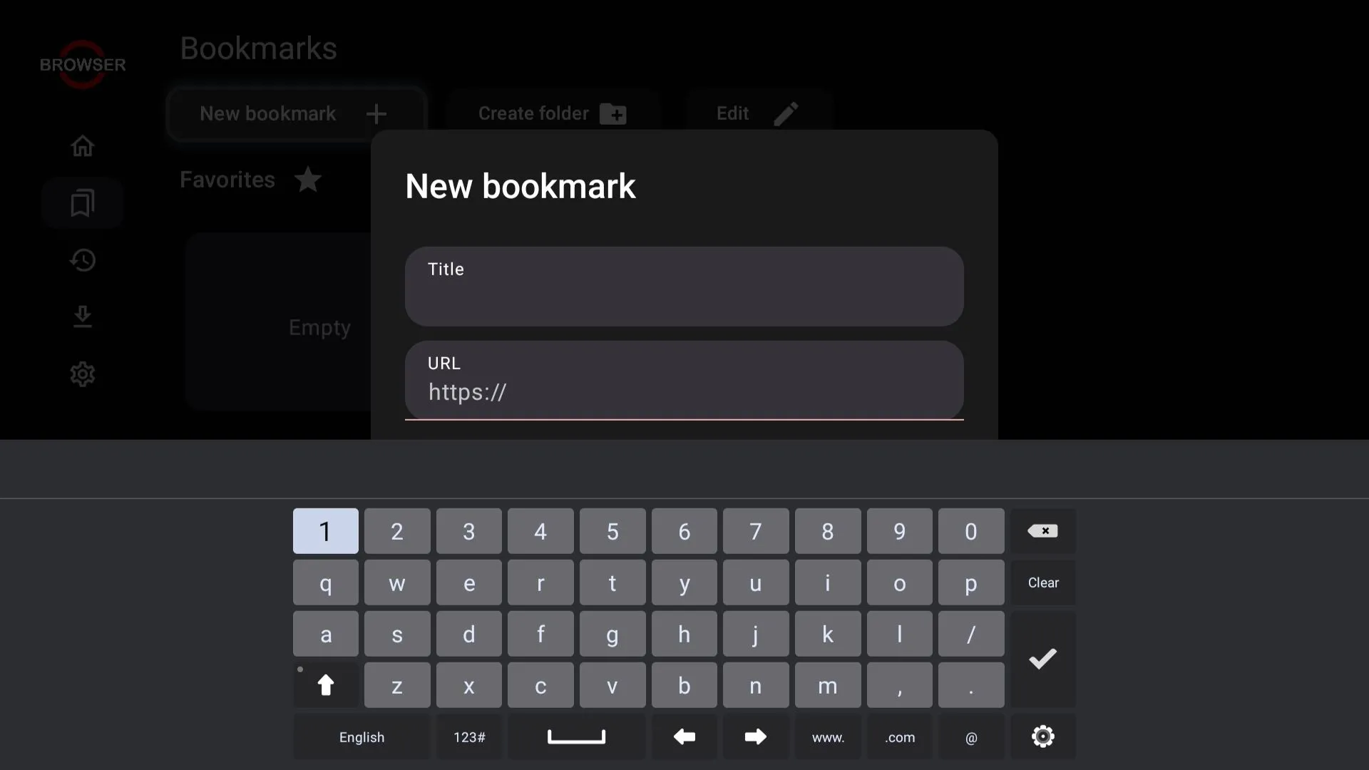 Tùy chọn đánh dấu trang (bookmark) trong ứng dụng trình duyệt trên Smart TV, giúp truy cập nhanh các website yêu thích.