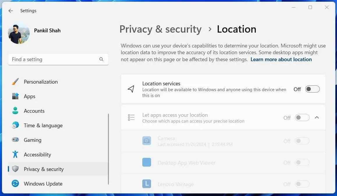 Tùy chọn dịch vụ vị trí trong cài đặt Windows 11