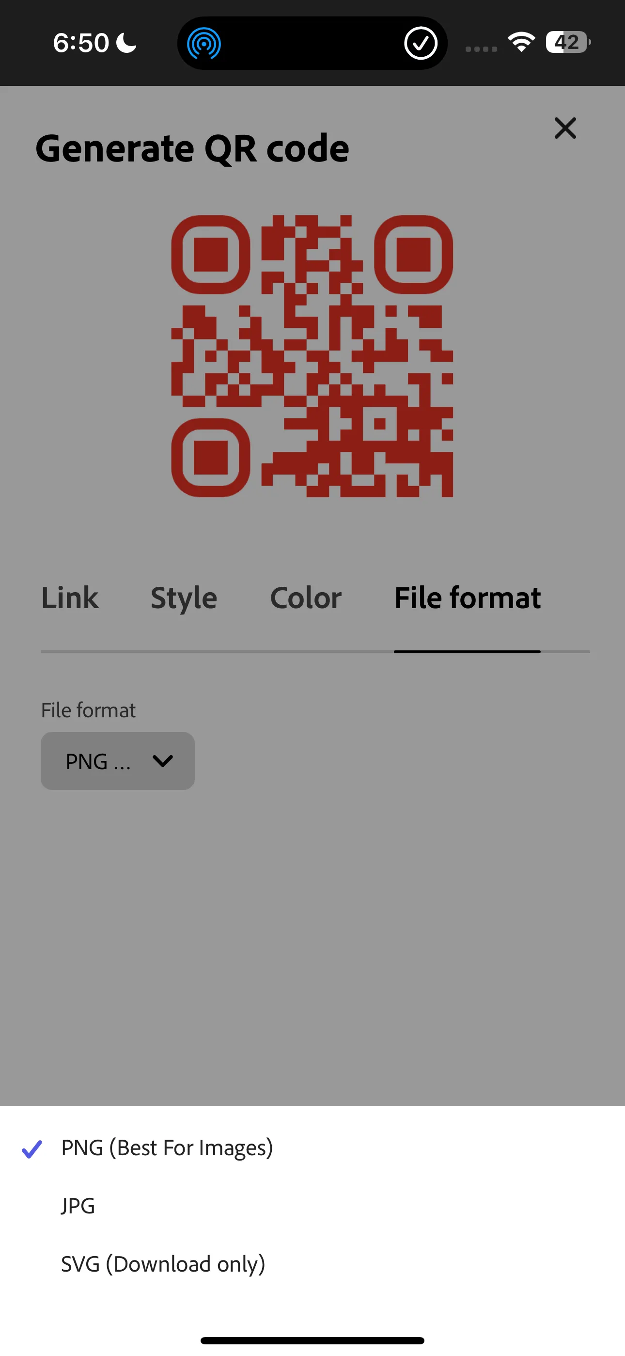 Tùy chọn định dạng tệp PNG, JPG, SVG khi xuất mã QR từ Adobe Express