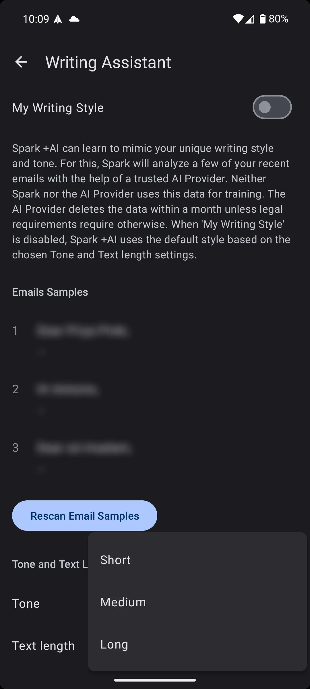 Tùy chọn độ dài văn bản của trợ lý AI trong tính năng Compose with +AI của Spark Mail