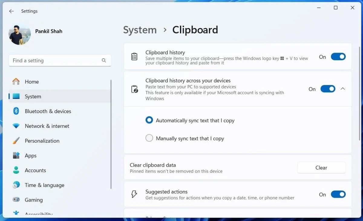 Tùy chọn đồng bộ lịch sử Clipboard trên các thiết bị trong Cài đặt Windows 11