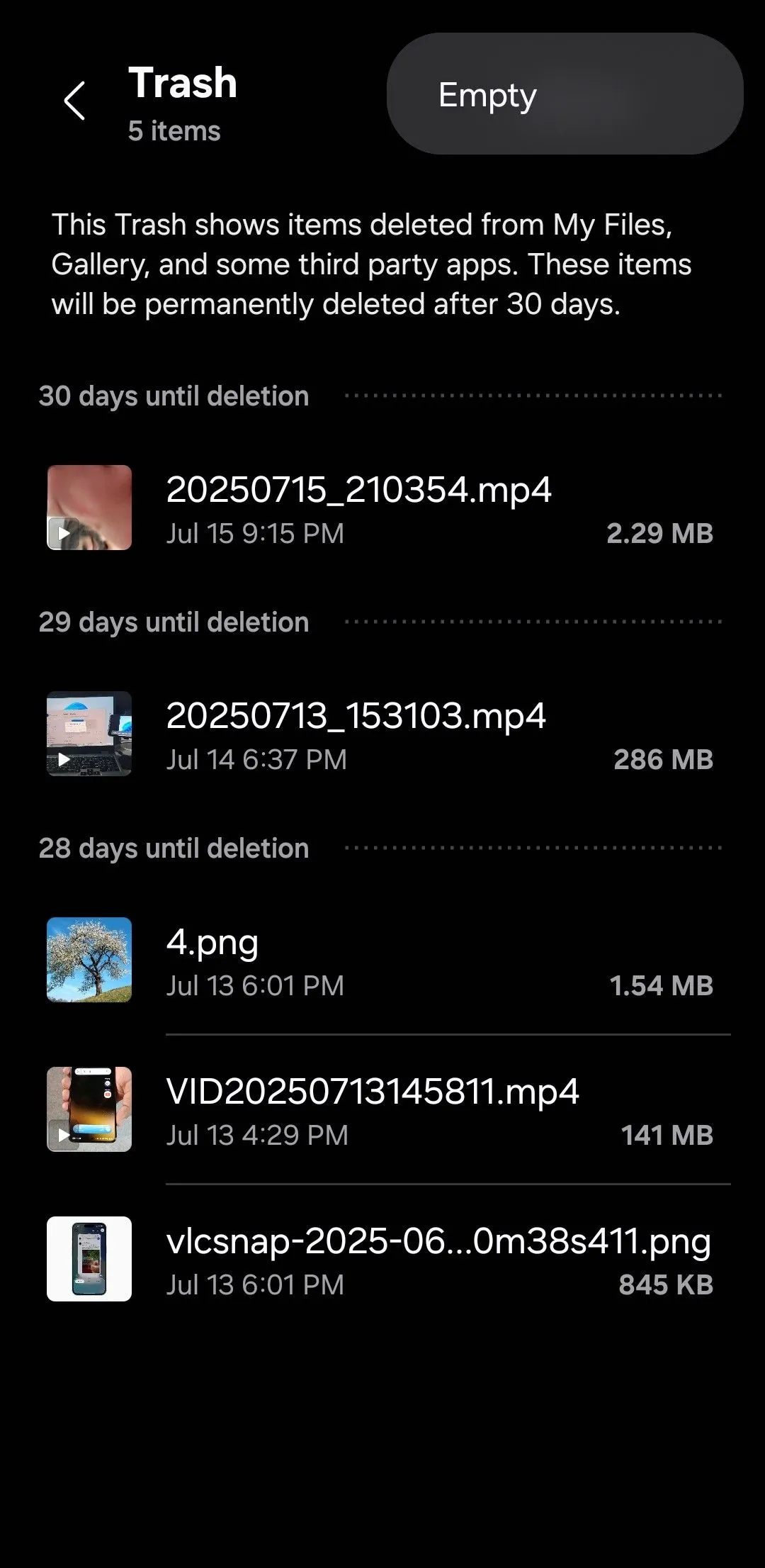 Tùy chọn Empty Trash folder trên điện thoại Samsung