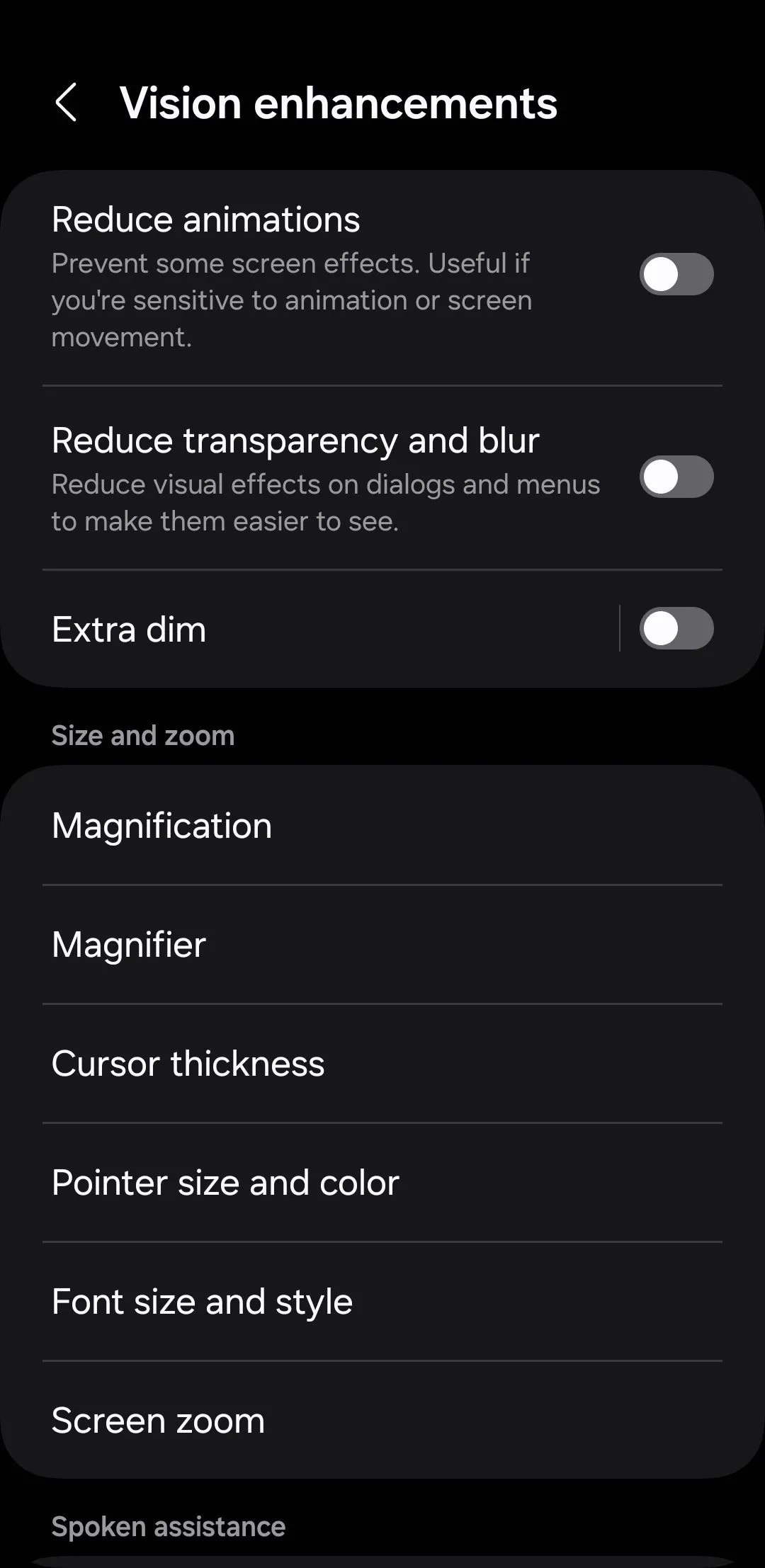 Tùy chọn Extra dim trong cài đặt Cải thiện thị giác của Android, giúp giảm độ sáng màn hình xuống thấp hơn mức tối thiểu