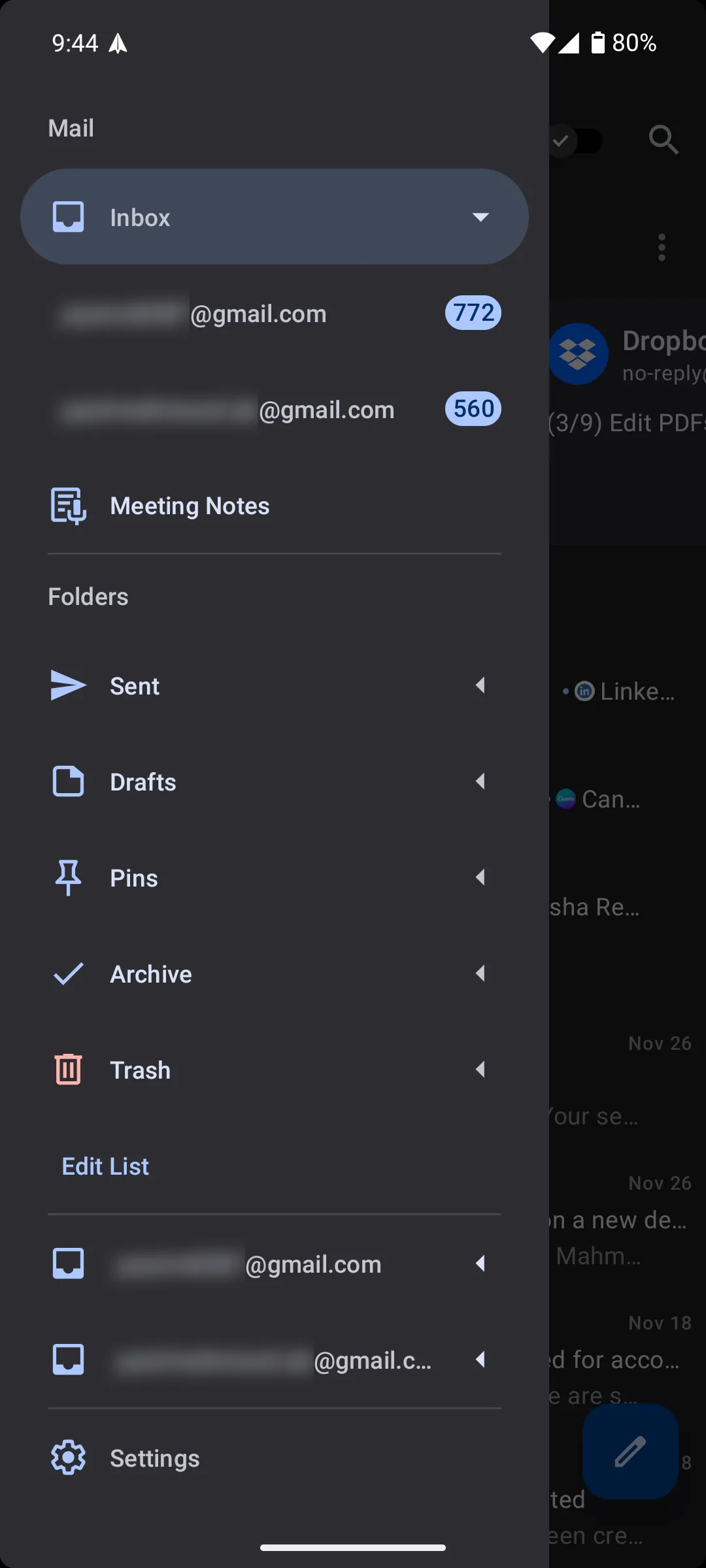Tùy chọn ghi chú cuộc họp trong thanh bên ứng dụng Spark Mail, cho phép truy cập nhanh các ghi chú đã tạo trên máy tính
