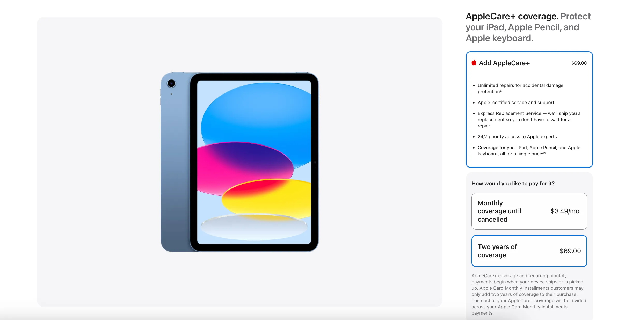 Tùy chọn gói bảo vệ AppleCare+ cho iPad trên website chính thức của Apple