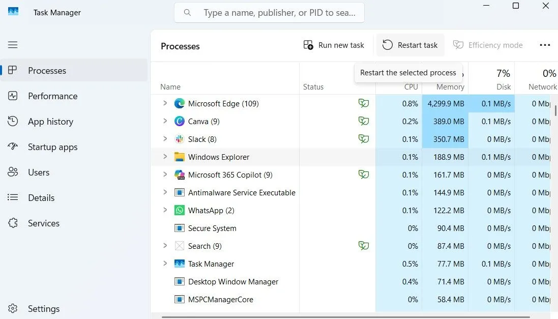Tùy chọn Khởi động lại Windows Explorer trong Trình quản lý Tác vụ