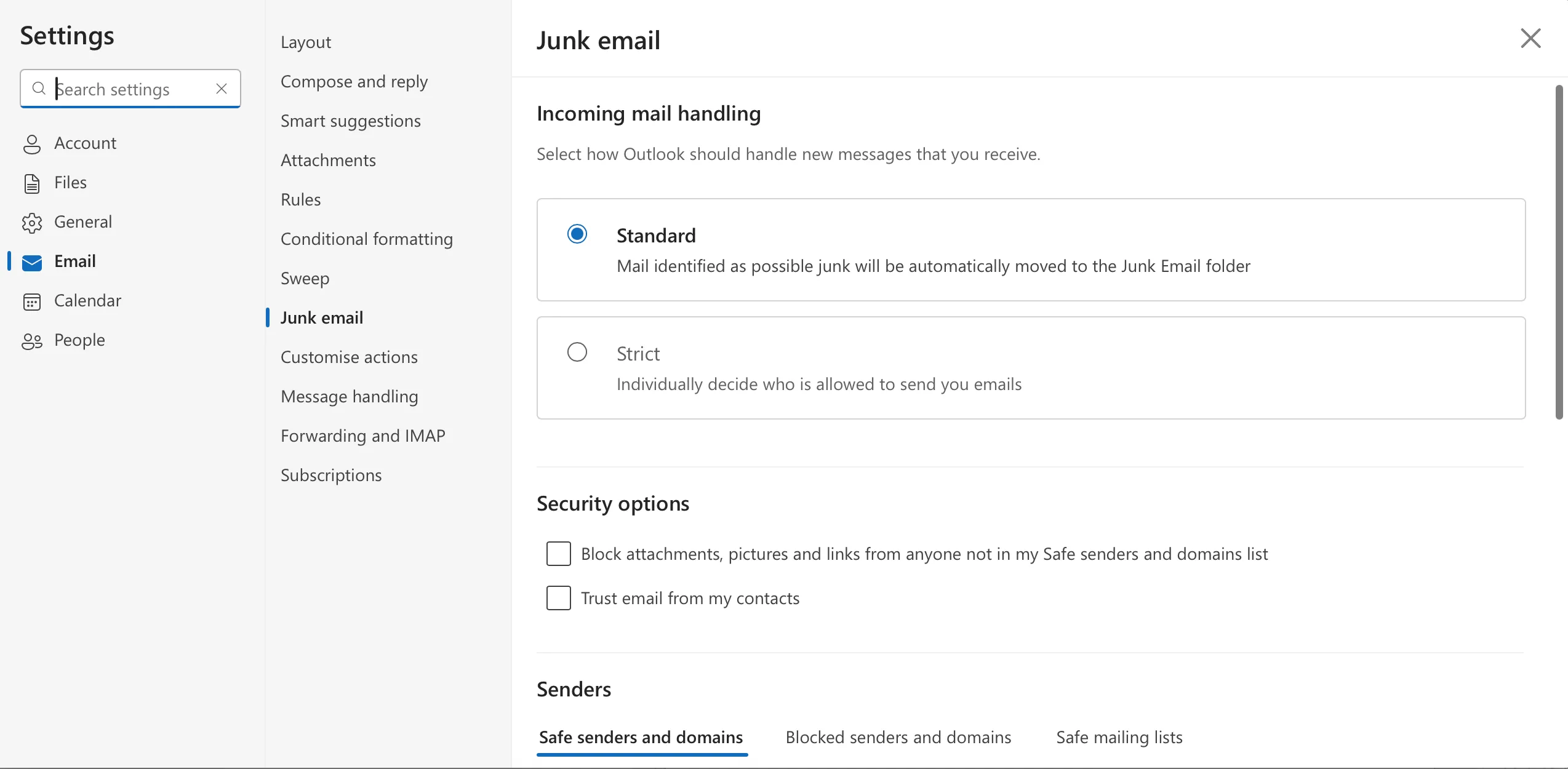 Tùy chọn kiểm soát người gửi tin nhắn trong cài đặt ứng dụng Outlook
