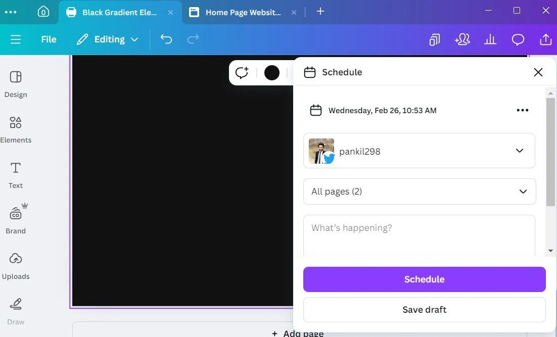 Tùy chọn lên lịch đăng bài trên mạng xã hội từ giao diện Canva desktop, tích hợp với tính năng Content Planner của Canva Pro
