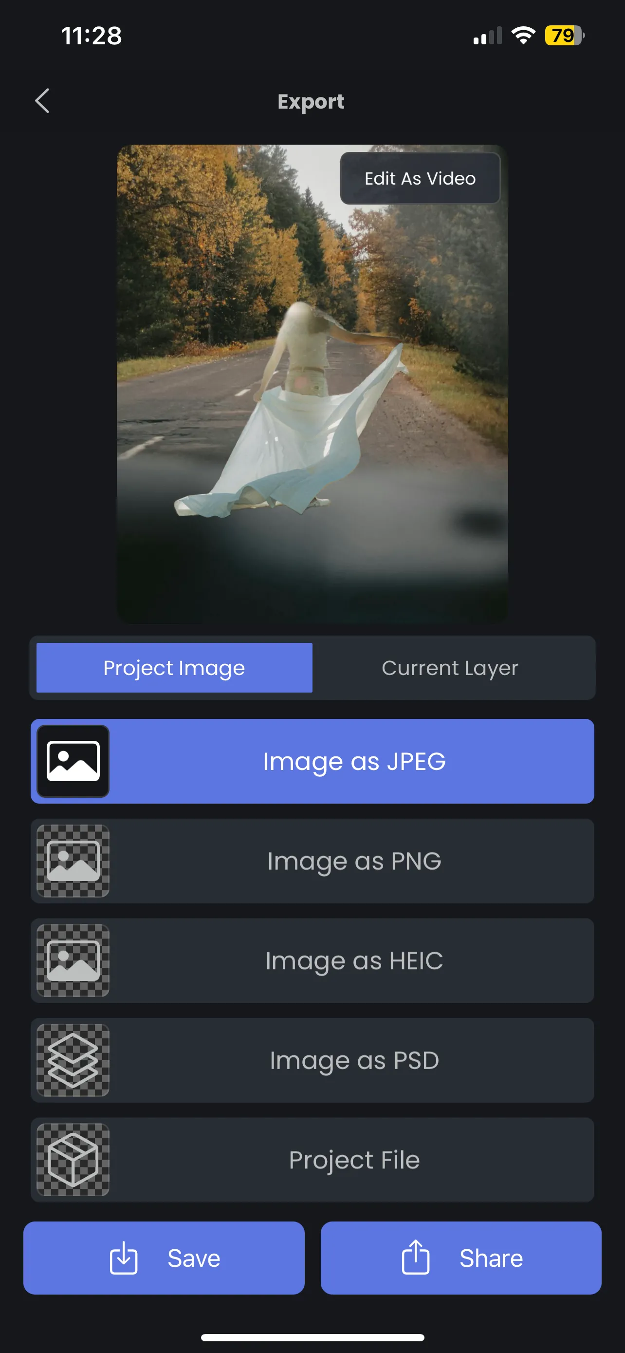 Tùy chọn lưu hình ảnh của Superimpose X để tải xuống dưới dạng JPEG, PNG, HEIC, PSD