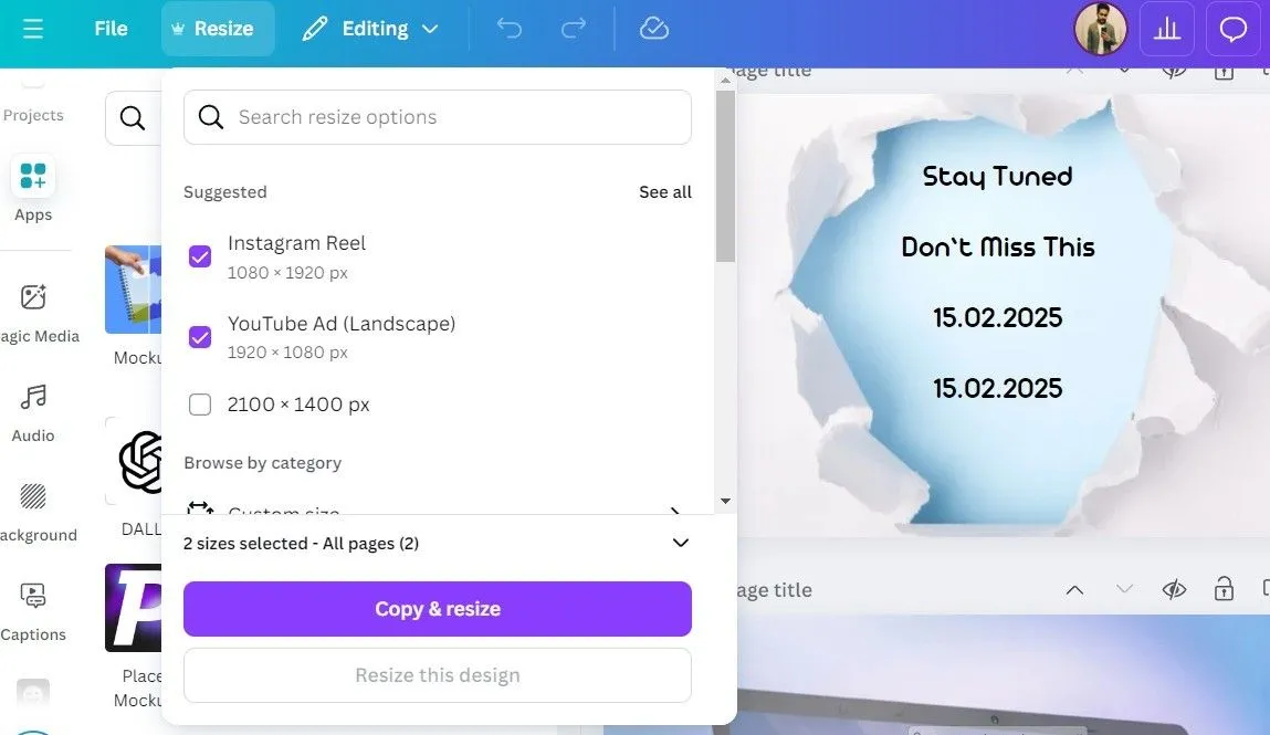 Tùy chọn Magic Resize trong Canva Pro, giúp điều chỉnh kích thước thiết kế tự động cho nhiều nền tảng khác nhau một cách nhanh chóng