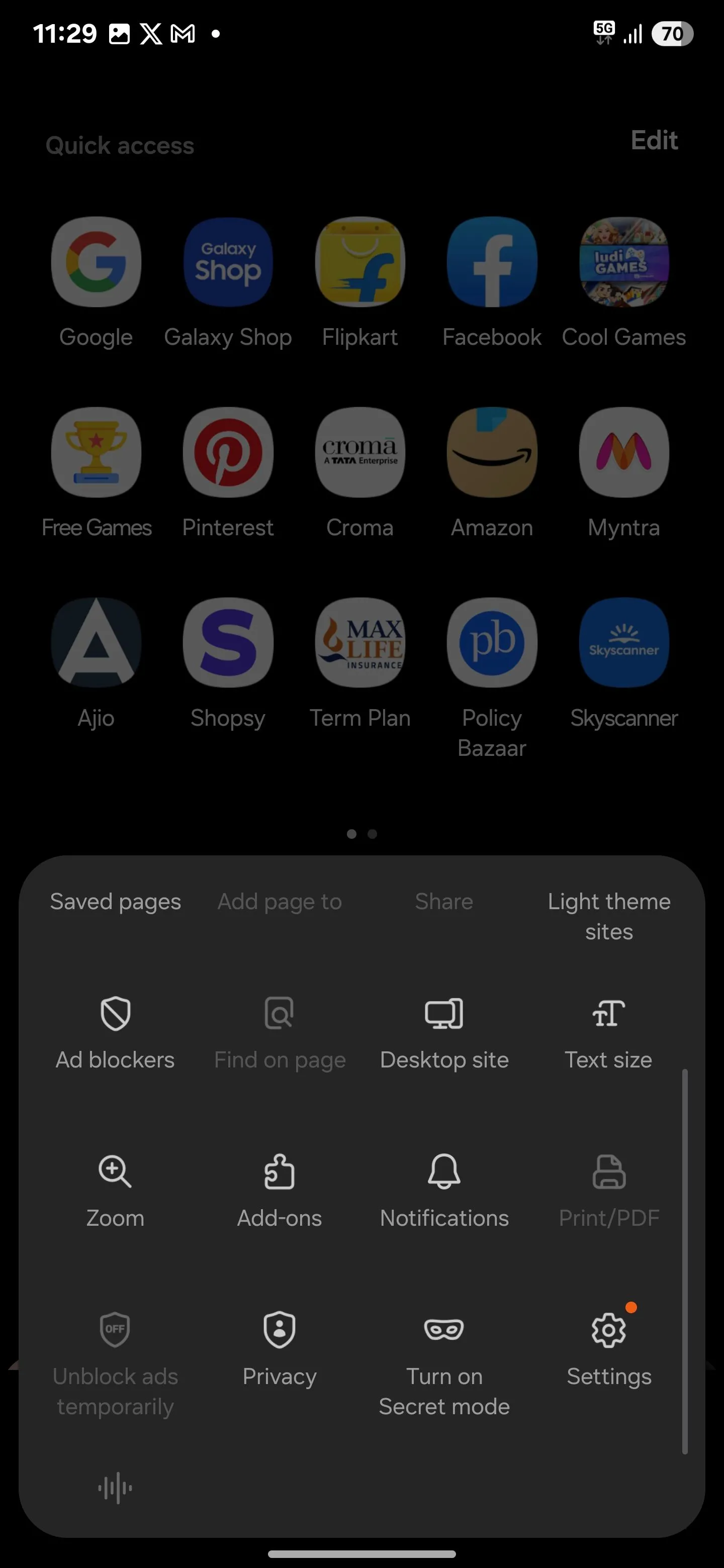 Tùy chọn menu cài đặt trong ứng dụng Samsung Internet trên điện thoại Galaxy