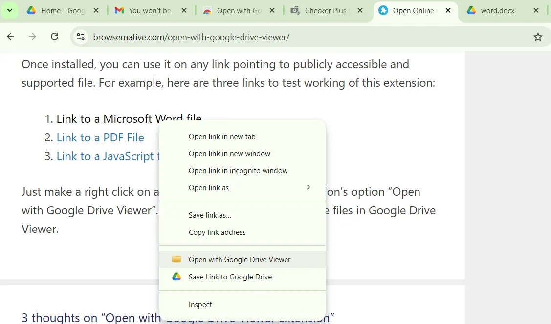 Tùy chọn mở file bằng Google Drive Viewer qua menu chuột phải trên trình duyệt Chrome
