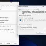 Tùy chọn nén nội dung thư mục để tiết kiệm dung lượng ổ đĩa trên Windows 11 trong hộp thoại Thuộc tính.