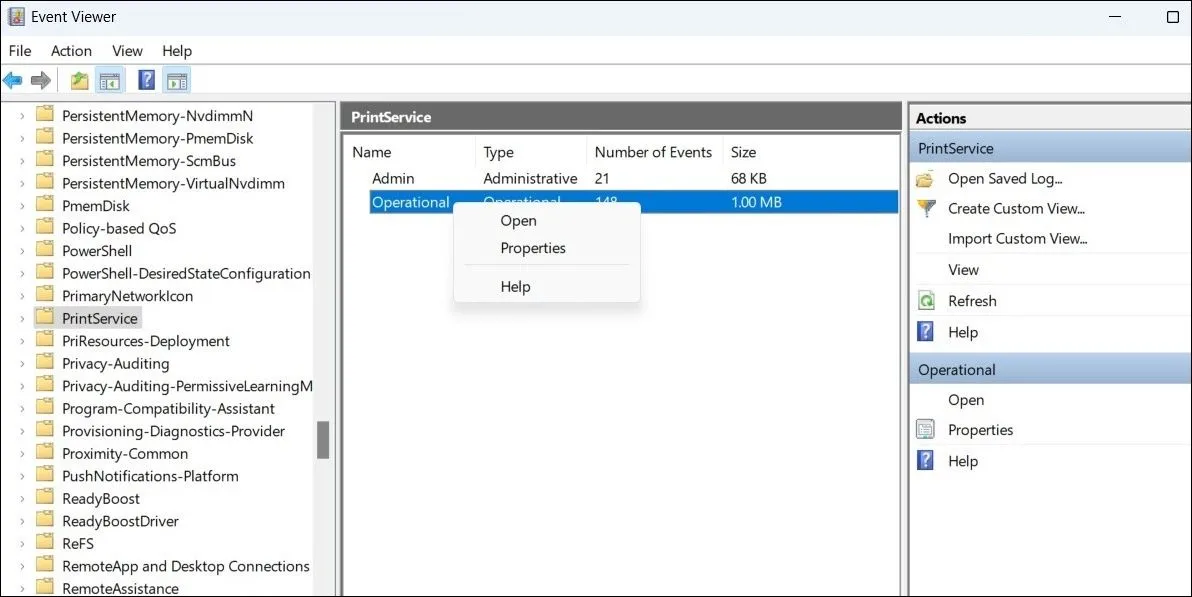 Tùy chọn nhật ký Operational trong thư mục PrintService của Trình xem sự kiện Windows