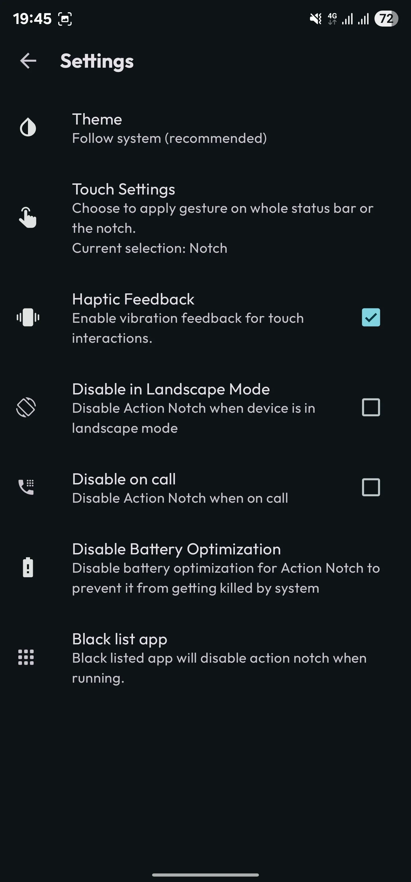 Tùy chọn Phản hồi xúc giác được chọn trong cài đặt Action Notch.