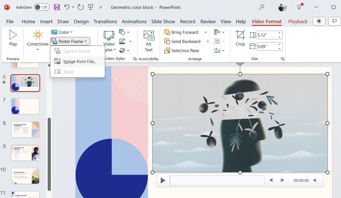 Tùy chọn Poster Frame trong tab Video Format của PowerPoint, cho phép thay đổi ảnh thumbnail của video