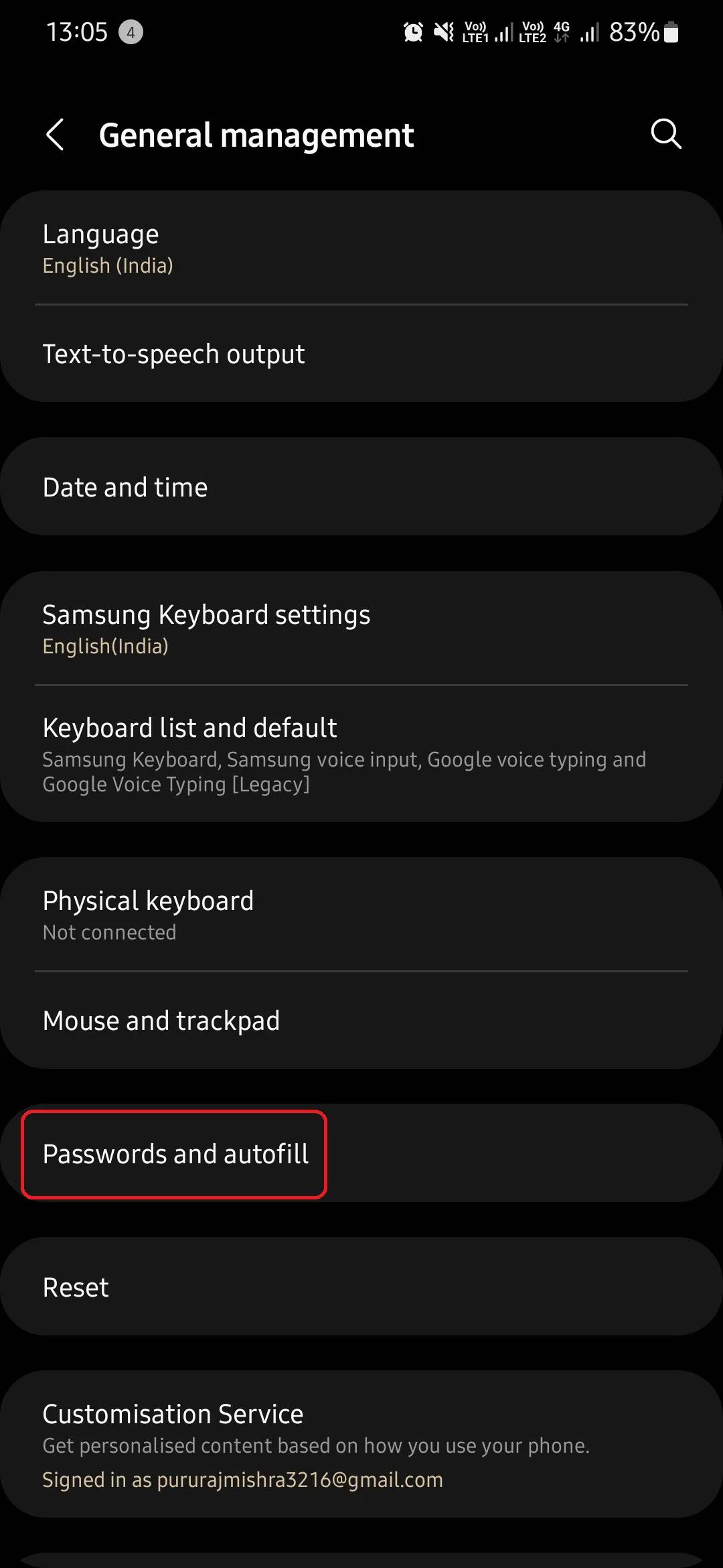 Tùy chọn quản lý mật khẩu và tự động điền trong cài đặt chung của Samsung