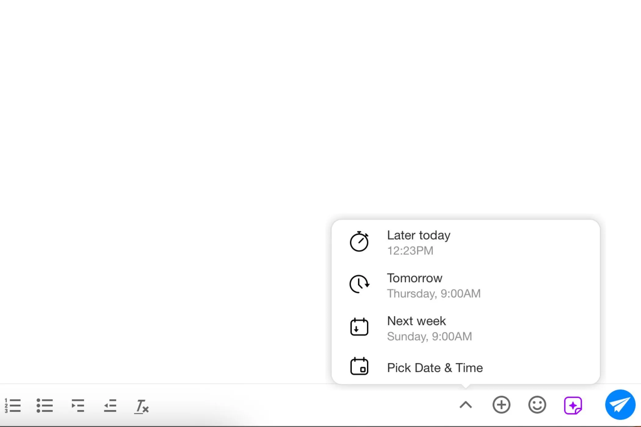Tùy chọn &quot;Schedule Send&quot; (Lên lịch gửi) trong ứng dụng Spike, cho phép người dùng cài đặt thời gian cụ thể để gửi email trong tương lai.
