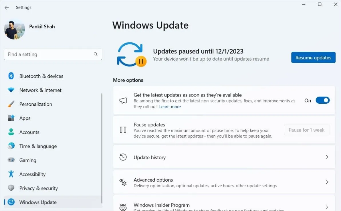 Tùy chọn tạm dừng và tiếp tục cập nhật trong cài đặt Windows Update trên Windows 11