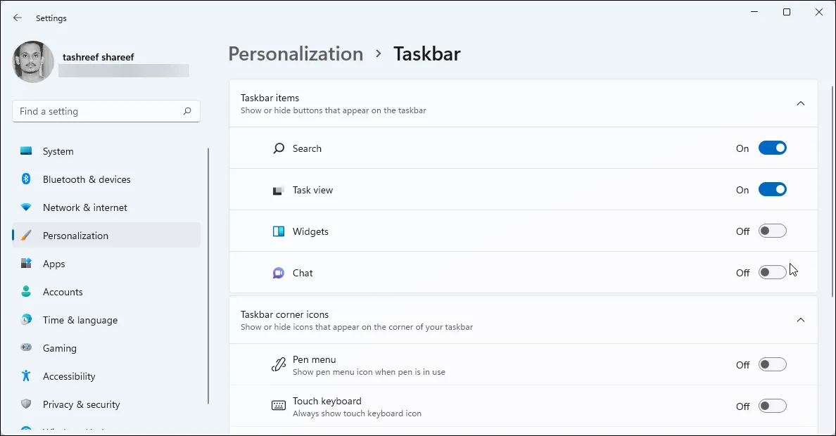Tùy chọn tắt bảng tiện ích Widgets và chat trên thanh Taskbar của Windows 11