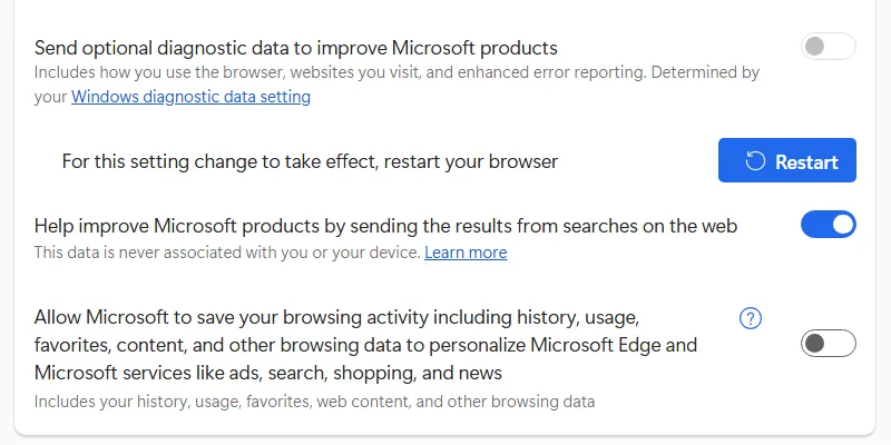 Tùy chọn tắt quảng cáo cá nhân hóa trong trình duyệt Microsoft Edge.