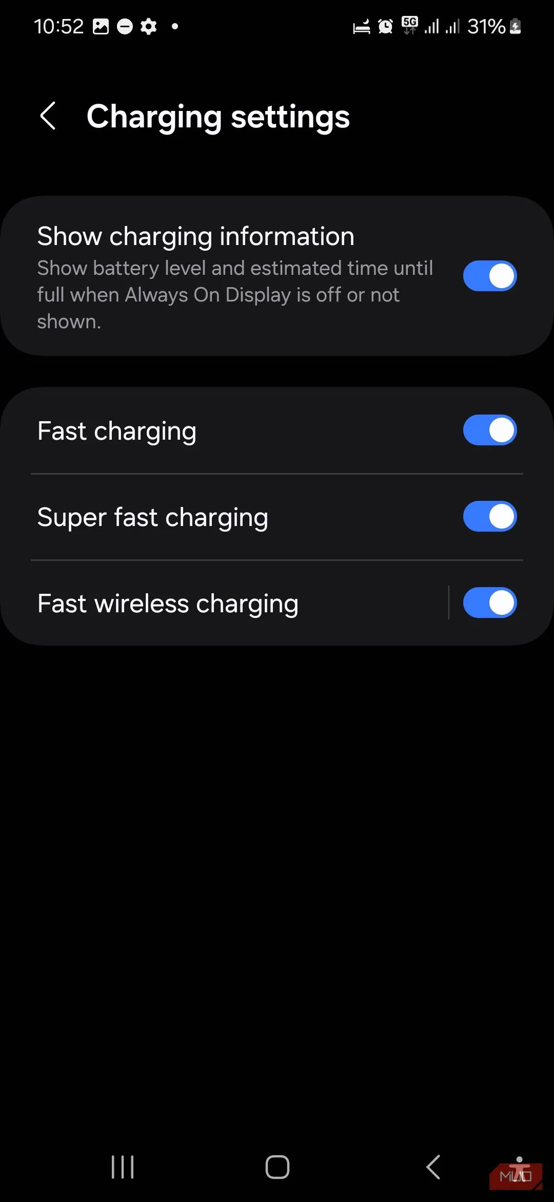 Tùy chọn tắt sạc nhanh và siêu nhanh trong cài đặt pin của Samsung để khắc phục lỗi ẩm