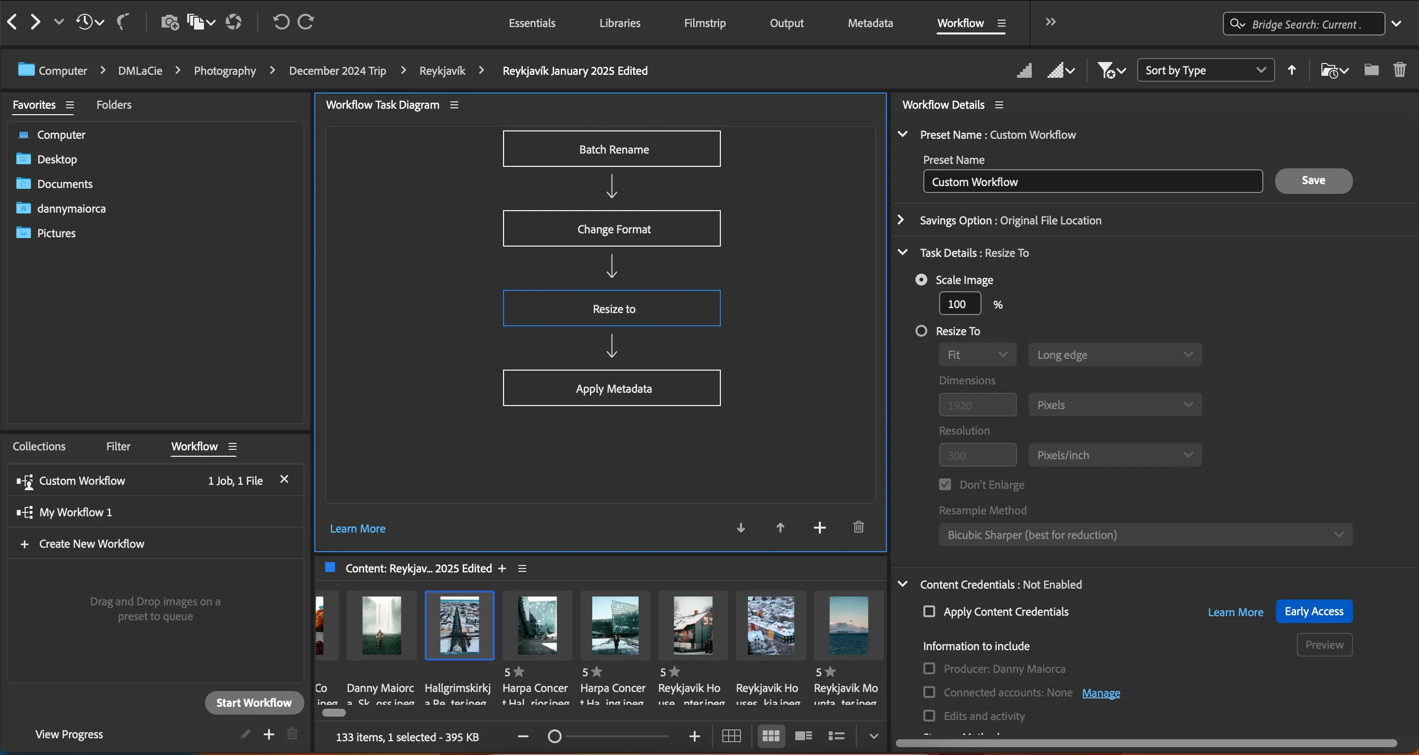 Tùy chọn thay đổi kích thước ảnh (resizing) trong Adobe Bridge, một phần của tính năng tạo chuỗi công việc tự động giúp chuẩn bị ảnh cho các nền tảng khác nhau