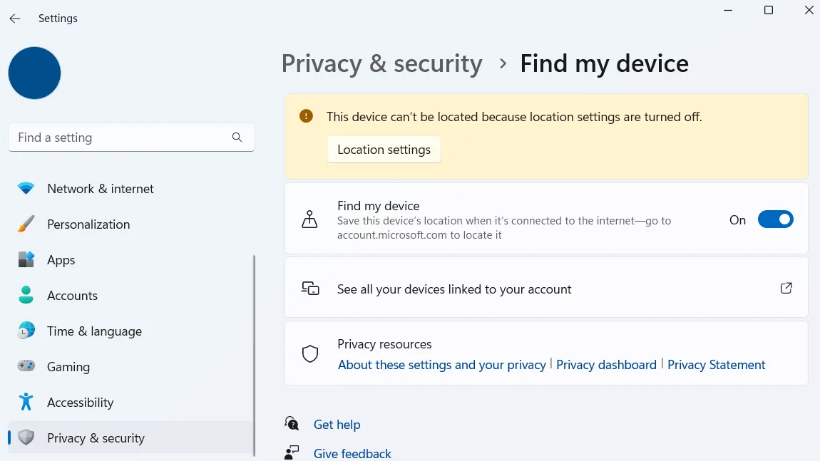Tùy chọn Tìm thiết bị của tôi (Find My Device) trong cài đặt quyền riêng tư và bảo mật Windows 11
